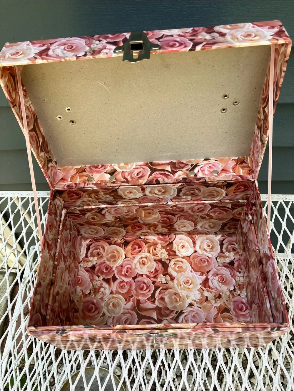 Pink Flowered Laminate Storage Box With Handle & Feet